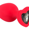 Красная силиконовая анальная пробка с черным стразом-сердечком - 9,3 см. купить в секс шопе