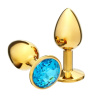 Золотистая анальная пробка с голубым кристаллом - 7 см. купить в секс шопе