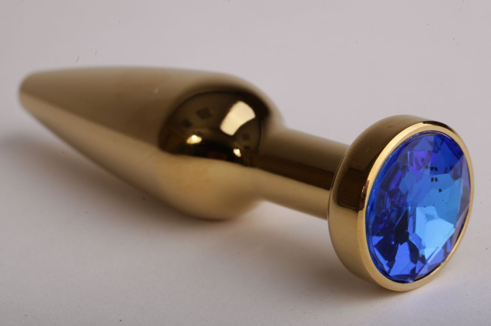 Золотистая анальная пробка с синим кристаллом - 11,2 см. купить в секс шопе