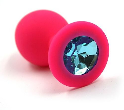 Розовая силиконовая анальная пробка с голубым кристаллом - 7 см. купить в секс шопе