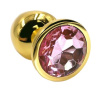 Золотистая алюминиевая анальная пробка с светло-розовым кристаллом - 6 см. купить в секс шопе
