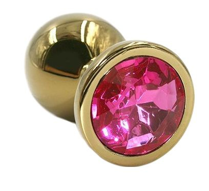 Золотистая алюминиевая анальная пробка с ярко-розовым кристаллом - 6 см. купить в секс шопе
