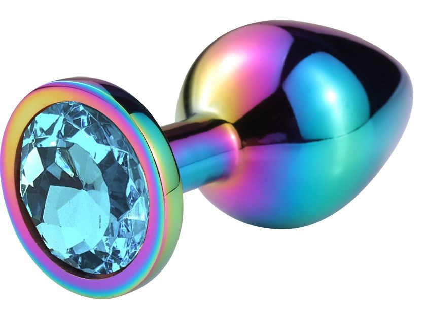 Разноцветная гладкая анальная пробка с голубым кристаллом - 6,8 см. купить в секс шопе