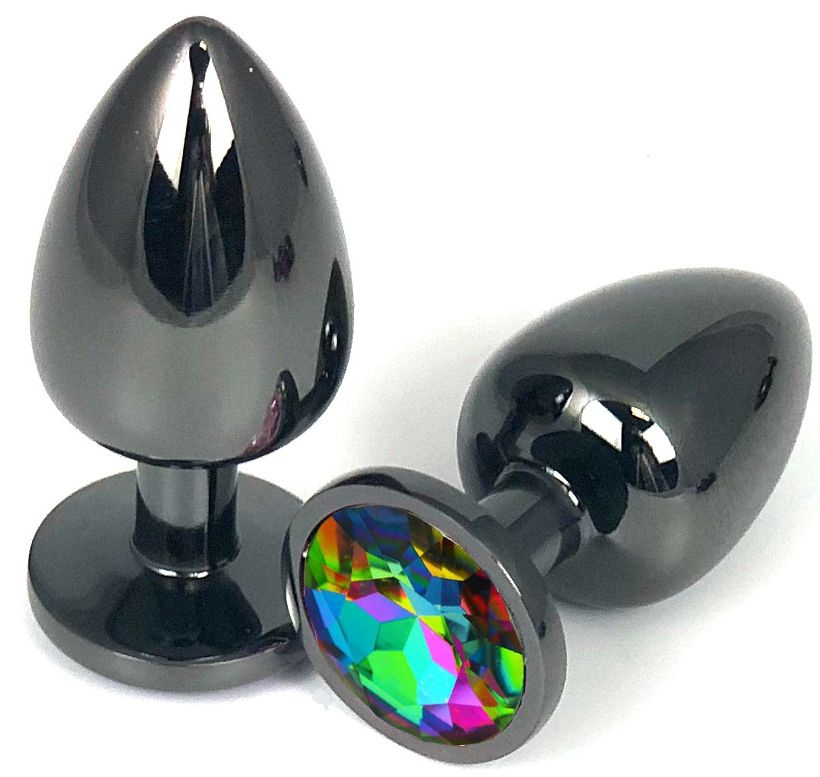 Черная металлическая анальная пробка с разноцветным стразом - 6,5 см. купить в секс шопе