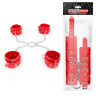 Комплект красных наручников и оков на металлических креплениях с кольцом купить в секс шопе