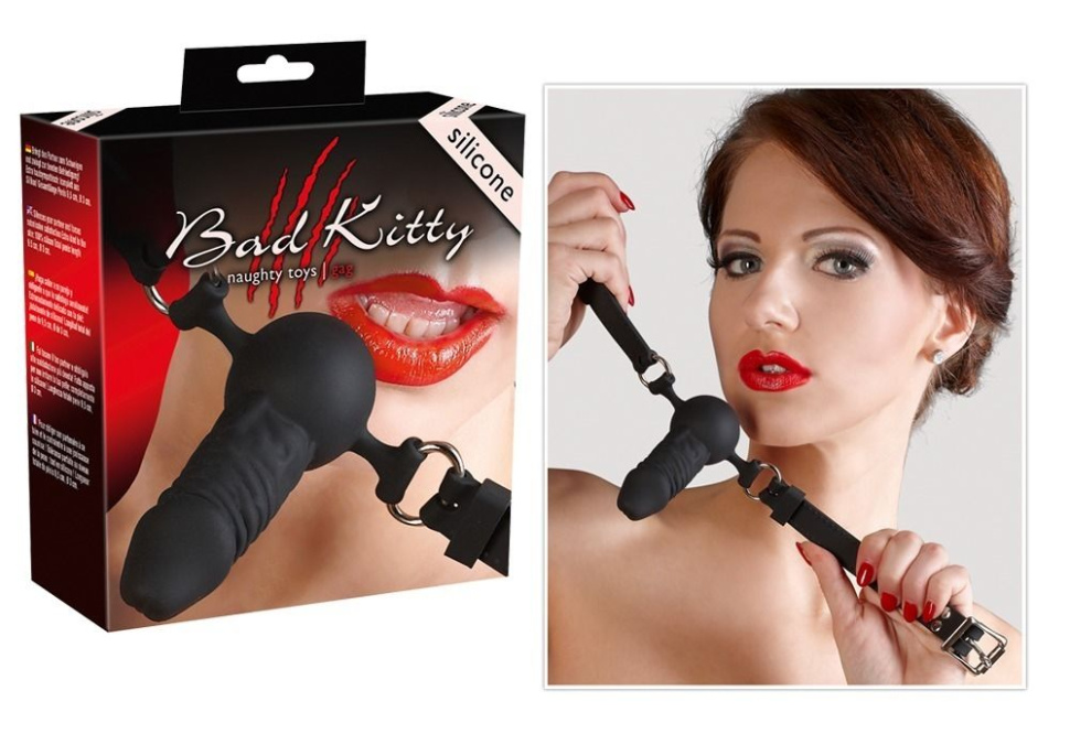 Чёрный силиконовый кляп-фаллос Bad Kitty купить в секс шопе