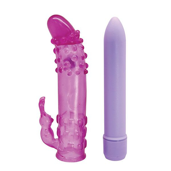 Фиолетовый классический вибратор с эластичной насадкой DUO TOUCH купить в секс шопе