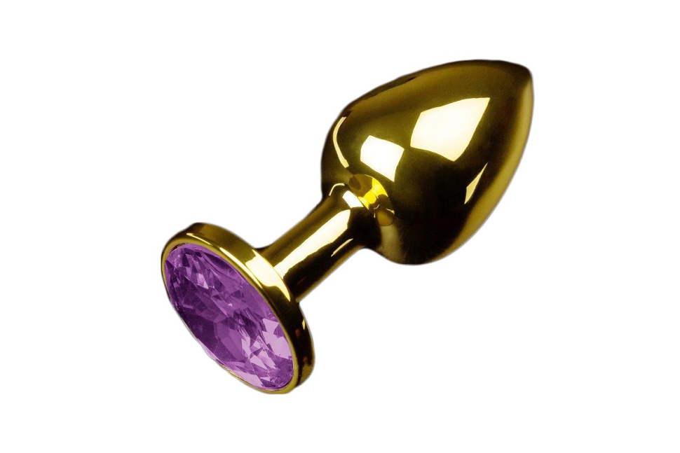 Маленькая золотистая анальная пробка с круглым кончиком и фиолетовым кристаллом - 7 см. купить в секс шопе