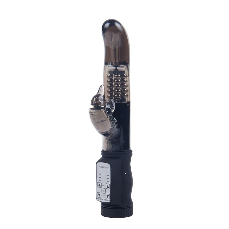 Дымчатый вибратор с изогнутой головкой, ротацией и клиторальным отростком - 22 см. купить в секс шопе