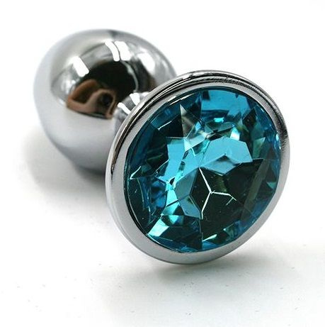 Серебристая алюминиевая анальная пробка с голубым кристаллом - 6 см. купить в секс шопе