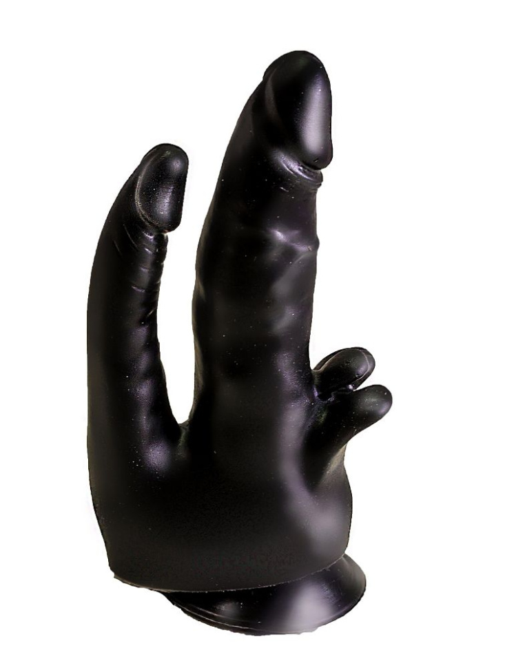 Чёрный двойной фаллоимитатор с клиторальными лепестками - 17 см. купить в секс шопе