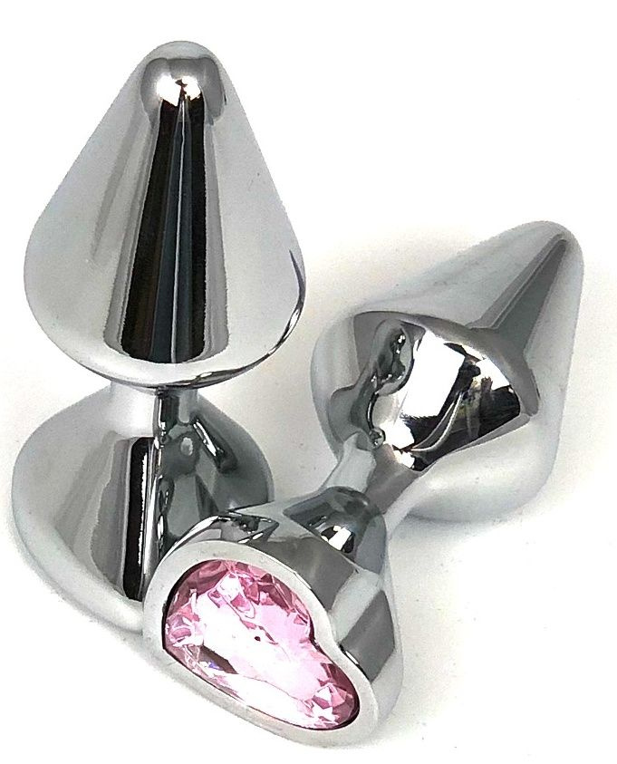 Серебристая анальная пробка с нежно-розовым кристаллом-сердцем - 8 см. купить в секс шопе