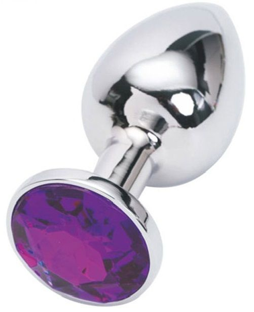 Серебряная металлическая анальная пробка с фиолетовым стразиком - 7,6 см. купить в секс шопе