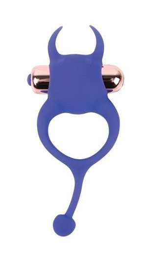 Синее эрекционное виброкольцо с рожками и хвостиком купить в секс шопе