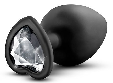 Черная анальная пробка с прозрачным стразом-сердечком Bling Plug Large - 9,5 см. купить в секс шопе