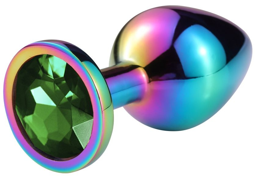 Разноцветная гладкая анальная пробка с зеленым кристаллом - 7,5 см. купить в секс шопе