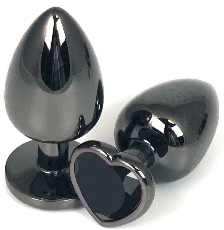 Черная металлическая анальная пробка с черным стразом-сердечком - 6,5 см. купить в секс шопе