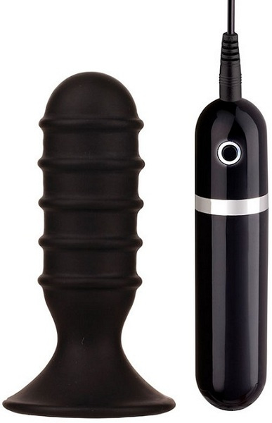 Чёрная анальная вибропробка с рёбрышками - 10 см. купить в секс шопе