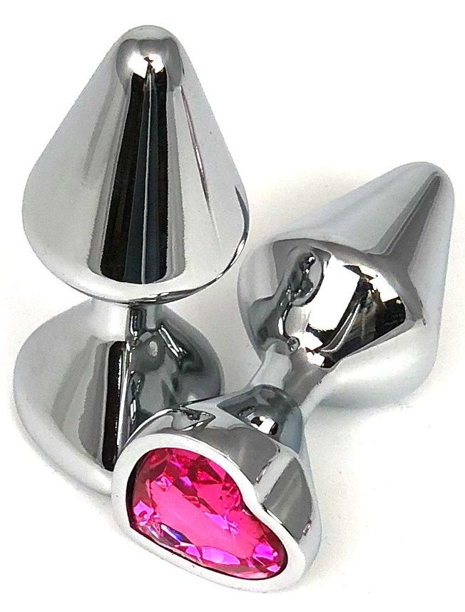 Серебристая анальная пробка с розовым кристаллом-сердцем - 8 см. купить в секс шопе