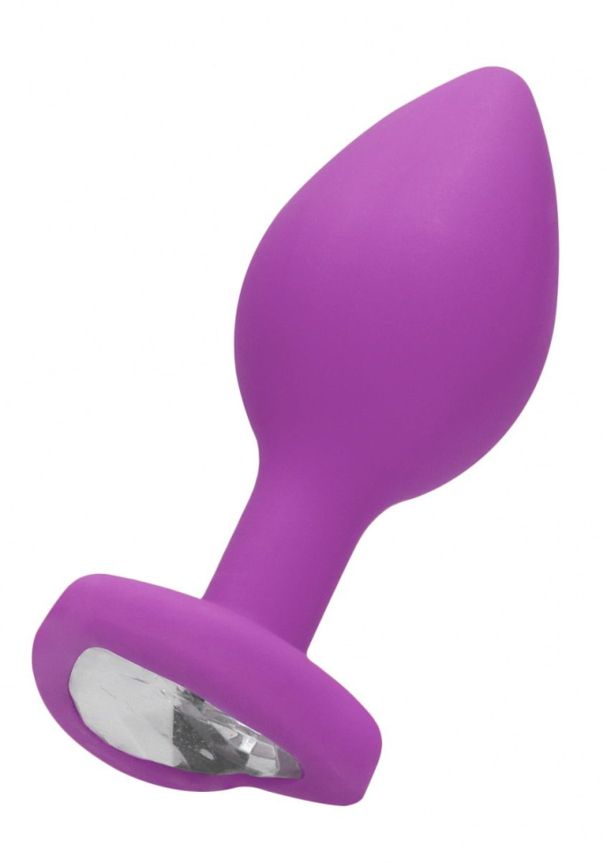 Фиолетовая анальная пробка с прозрачным стразом Large Ribbed Diamond Heart Plug - 8 см. купить в секс шопе