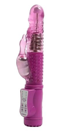 Розовый вибромассажёр с ротацией и клиторальным хвостом - 21,5 см. купить в секс шопе