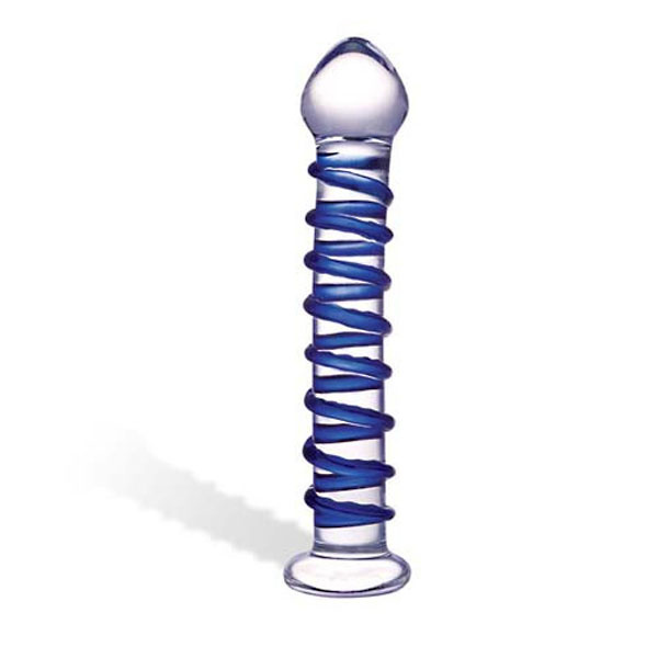 Стеклянный фаллоимитатор с голубой внешней спиралью - 18,5 см. купить в секс шопе