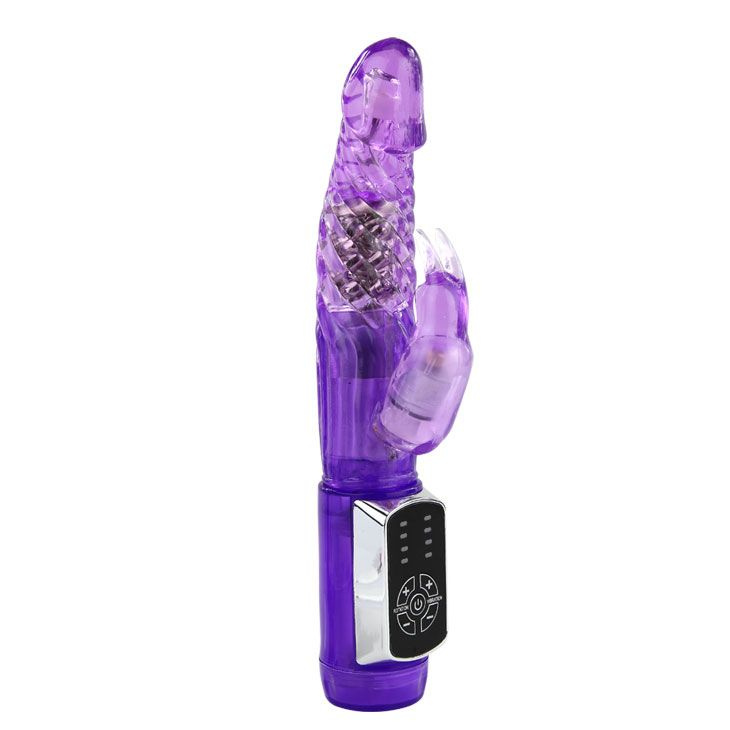 Фиолетовый вибратор с клиторальным стимулятором и ротацией - 21,5 см. купить в секс шопе