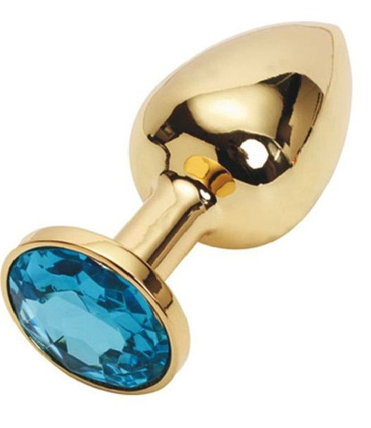 Золотистая металлическая анальная пробка с голубым стразом - 7,6 см. купить в секс шопе