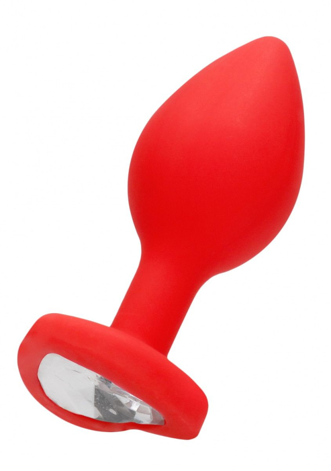 Красная анальная пробка с прозрачным стразом Large Ribbed Diamond Heart Plug - 8 см. купить в секс шопе