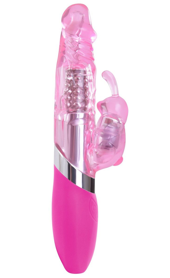 Розовый вибратор с вращением бусин и клиторальным зайчиком Power Play O-Bunny - 21,5 см. купить в секс шопе
