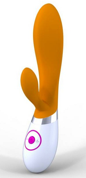 Оранжевый вибратор Rabbit с клиторальным стимулятором купить в секс шопе