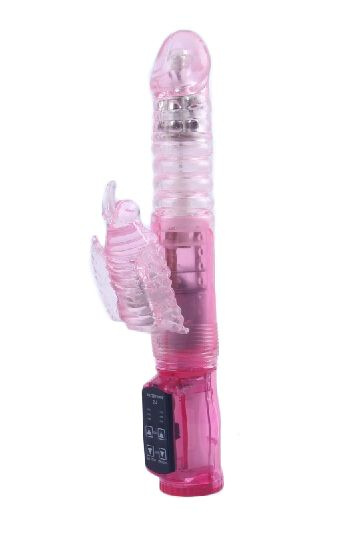 Розовый вибратор с ротацией, функцией Up Down и клиторальным отростком - 23,5 см. купить в секс шопе