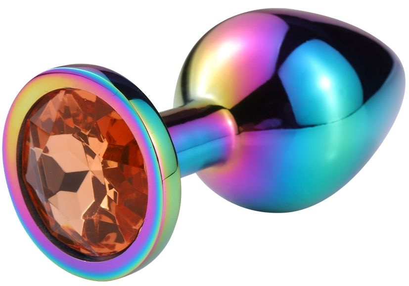 Разноцветная гладкая анальная пробка с красным кристаллом - 7,5 см. купить в секс шопе