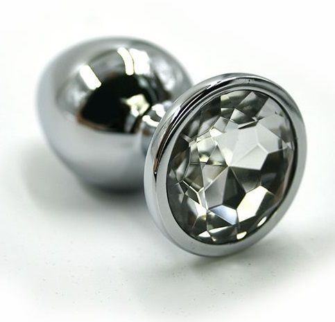 Серебристая алюминиевая анальная пробка с прозрачным кристаллом - 6 см. купить в секс шопе