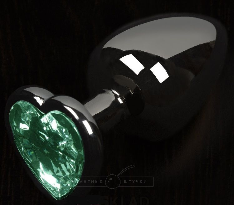 Графитовая анальная пробка с зеленым кристаллом в виде сердечка - 6 см. купить в секс шопе