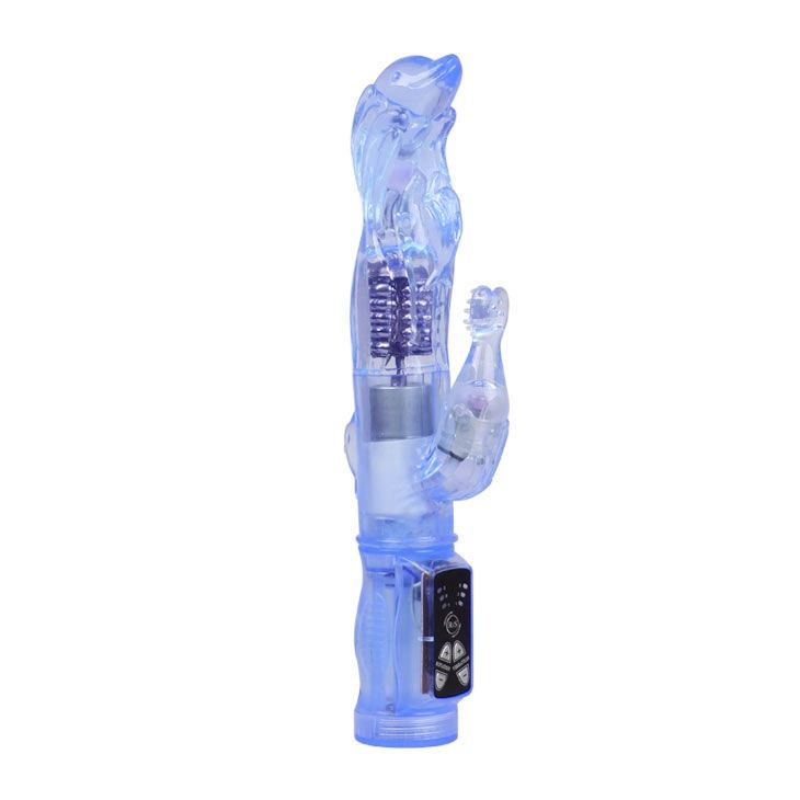 Ротатор голубого цвета с вибрацией и клиторальным стимулятором - 23 см. купить в секс шопе