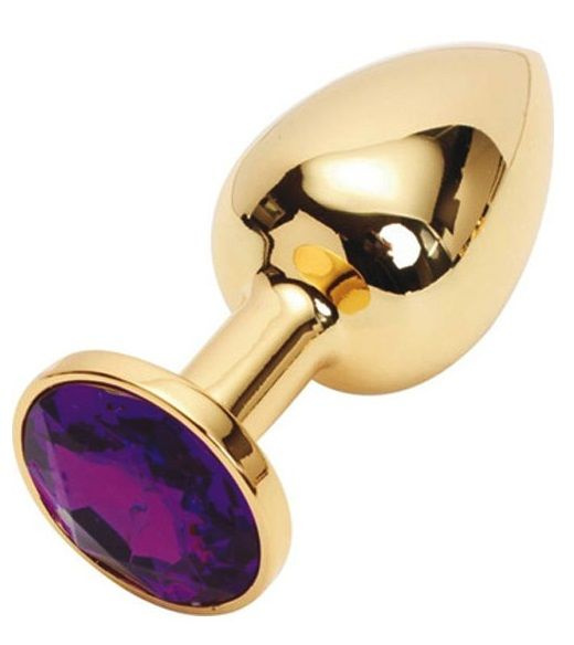 Золотистая металлическая анальная пробка с фиолетовым стразом - 7,6 см. купить в секс шопе