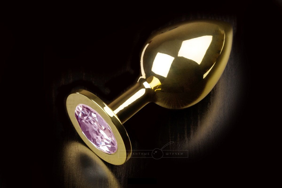 Большая золотая анальная пробка с закругленным кончиком и розовым кристаллом - 9 см. купить в секс шопе