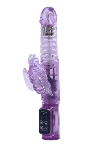 Фиолетовый вибратор с ротацией, функцией Up Down и клиторальной бабочкой - 23,5 см. купить в секс шопе