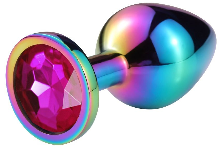 Разноцветная гладкая анальная пробка с розовым кристаллом - 7,5 см. купить в секс шопе