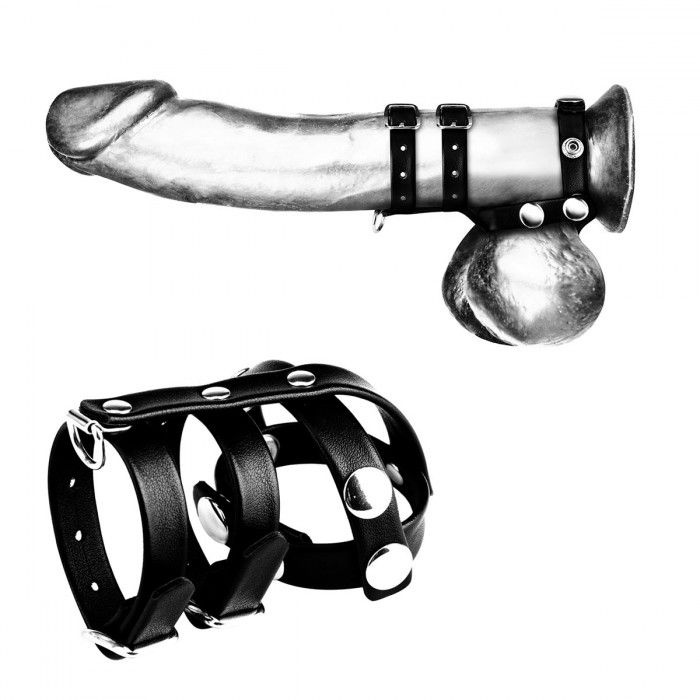 Комбинированное двойное кольцо с разделителем для мошонки и поводком купить в секс шопе