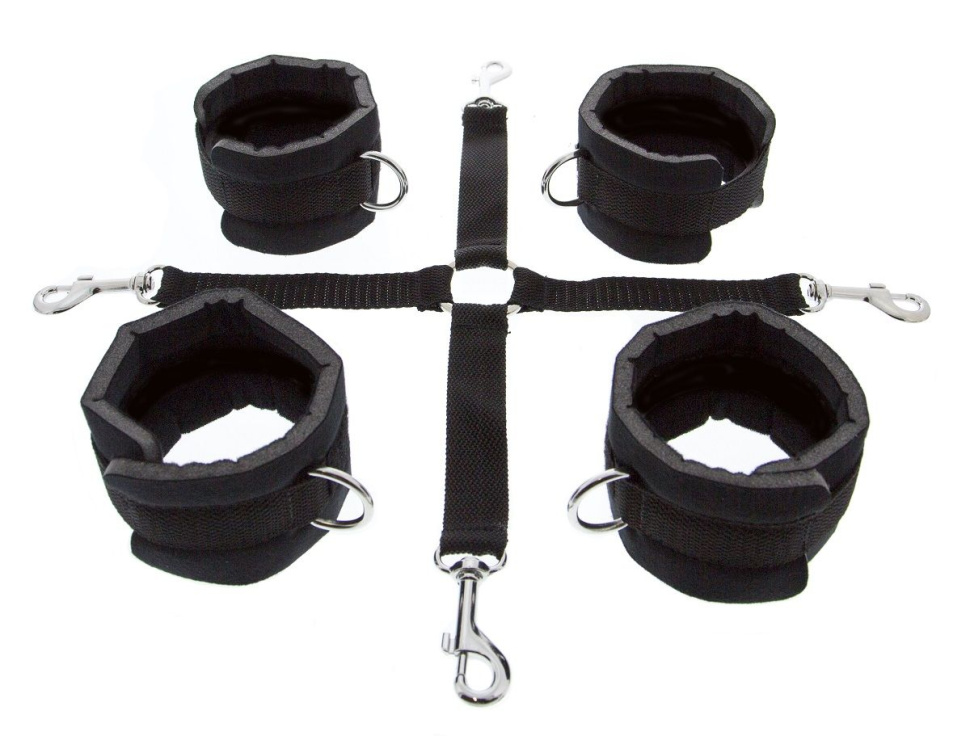Регулируемые мягкие манжеты на запястья и лодыжки с соединительной крестовиной Hog Tie Cuff Set купить в секс шопе