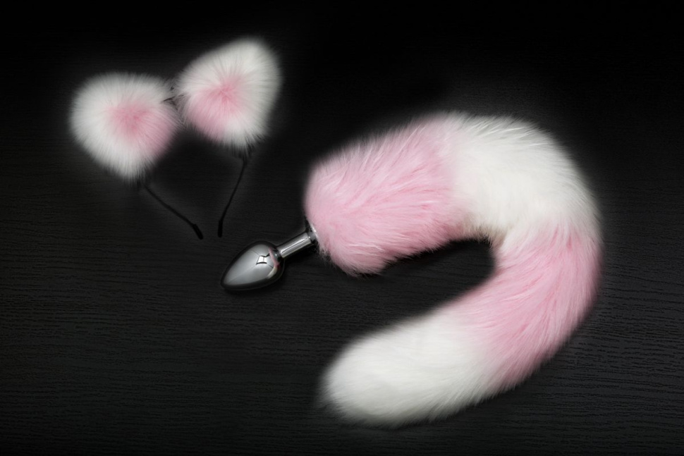 Серебристая анальная пробка с розово-белым хвостиком и ободком-ушками купить в секс шопе