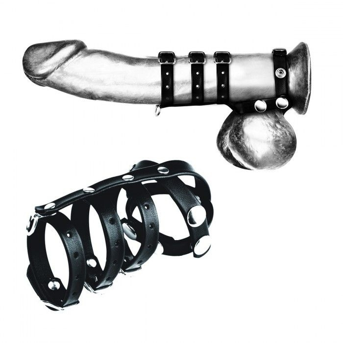 Комбинированный ремень на пенис с 3 кольцами и разделителем мошонки купить в секс шопе