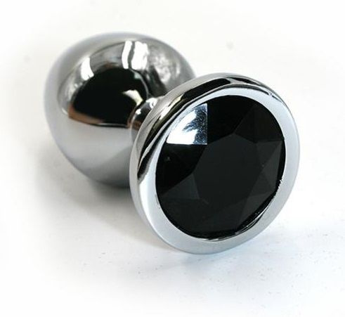 Серебристая алюминиевая анальная пробка с чёрным кристаллом - 6 см. купить в секс шопе