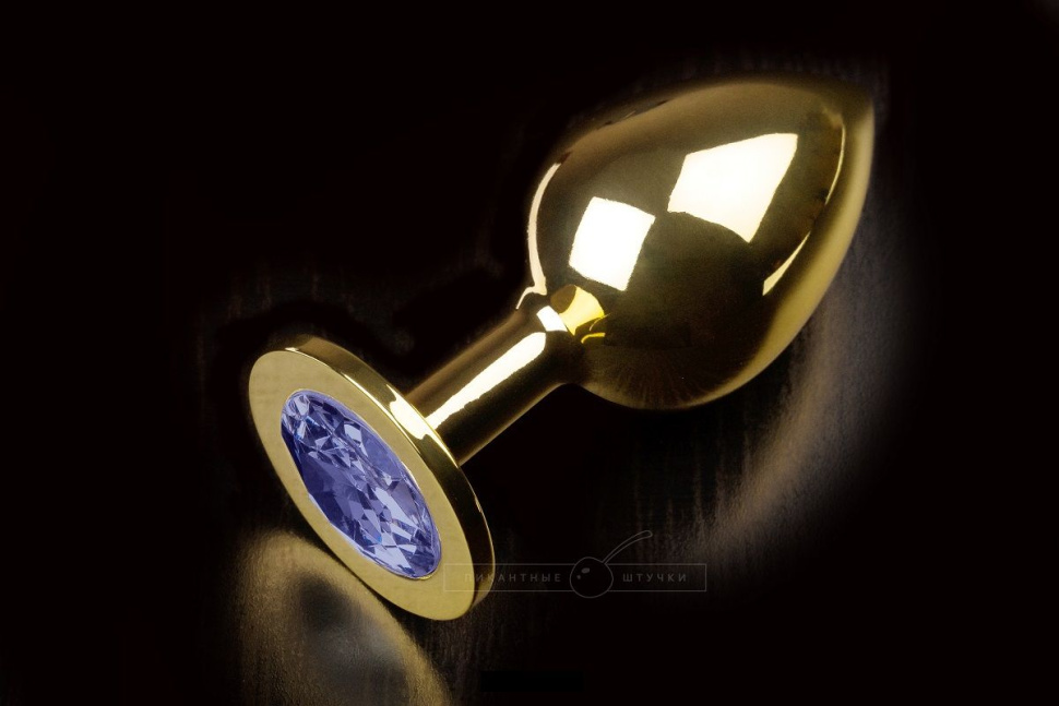 Большая золотая анальная пробка с закругленным кончиком и синим кристаллом - 9 см. купить в секс шопе