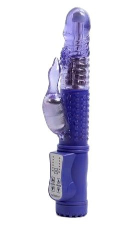 Синий вибратор с ротацией и клиторальным стимулятором - 22,5 см. купить в секс шопе