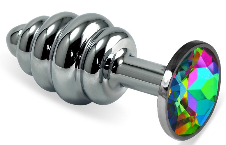 Серебристая ребристая анальная пробка с разноцветным кристаллом - 6 см. купить в секс шопе