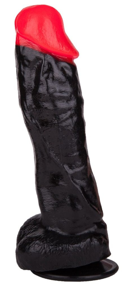 Чёрный фаллоимитатор с красной головкой - 20 см. купить в секс шопе