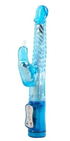 Голубой гнущийся вибратор с клиторальной стимуляцией - 25 см. купить в секс шопе